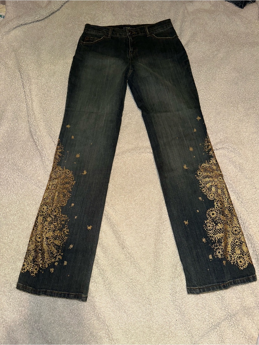 DKNY Dark Wash Jeans with Gold Lace-Style Print